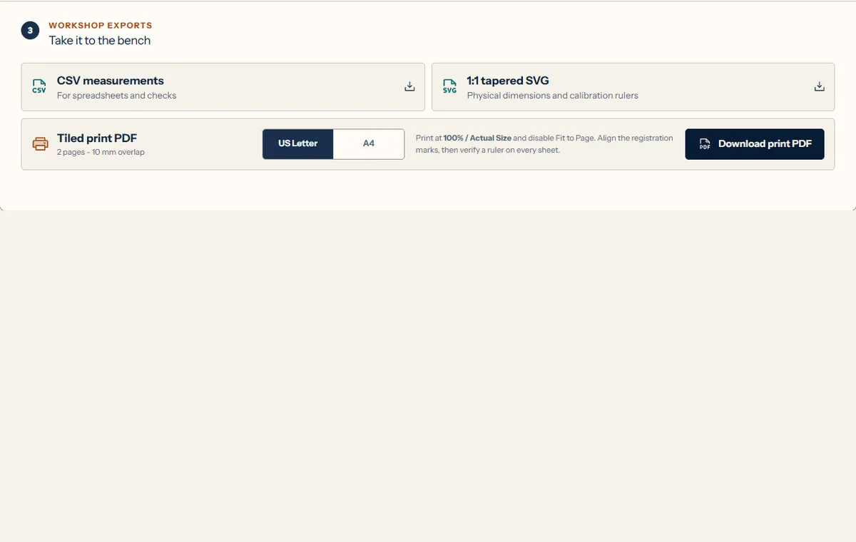 Fret layout export controls for CSV, full-scale SVG, and tiled PDF
