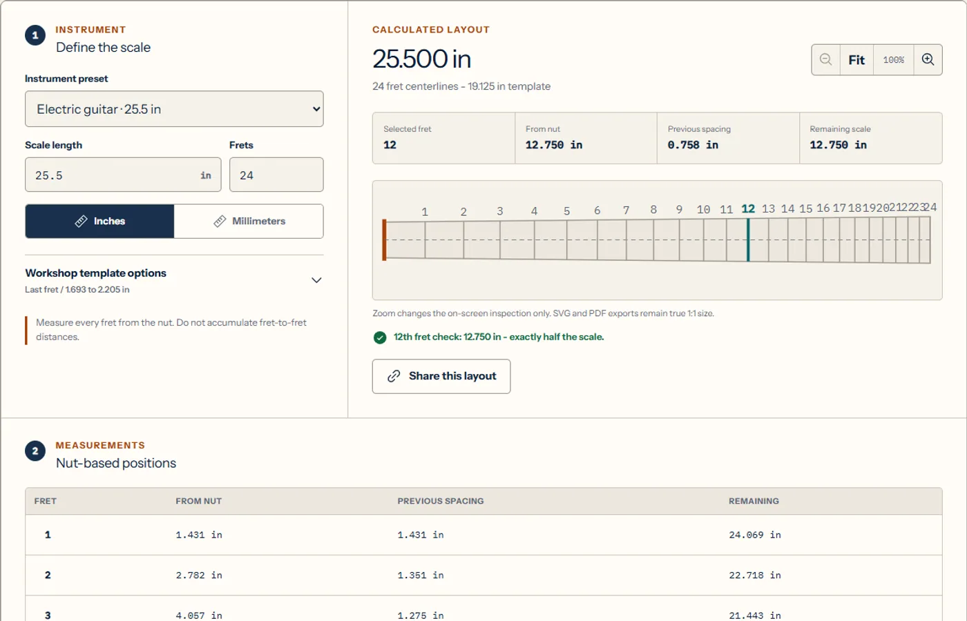 Fret layout calculation workbench
