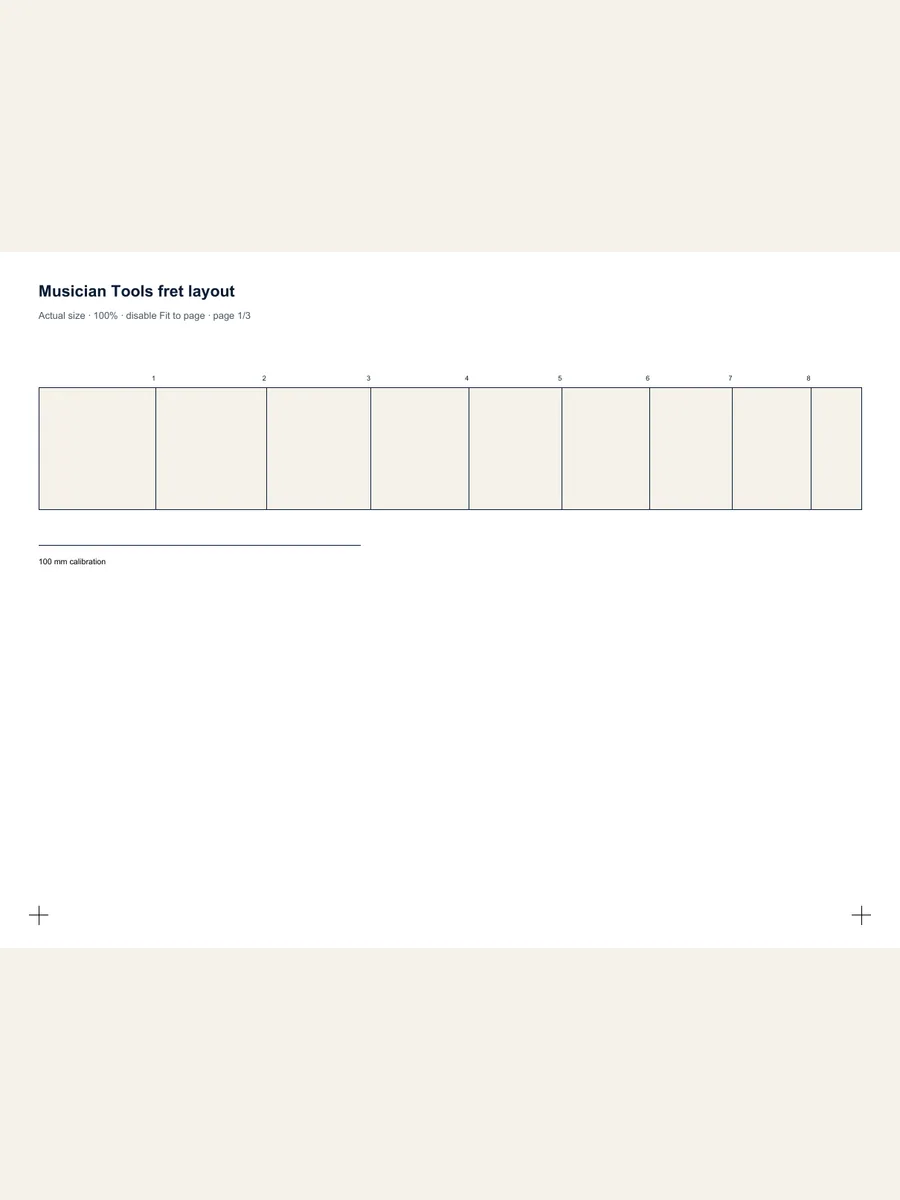 Tiled fret template PDF page with calibration ruler and alignment marks
